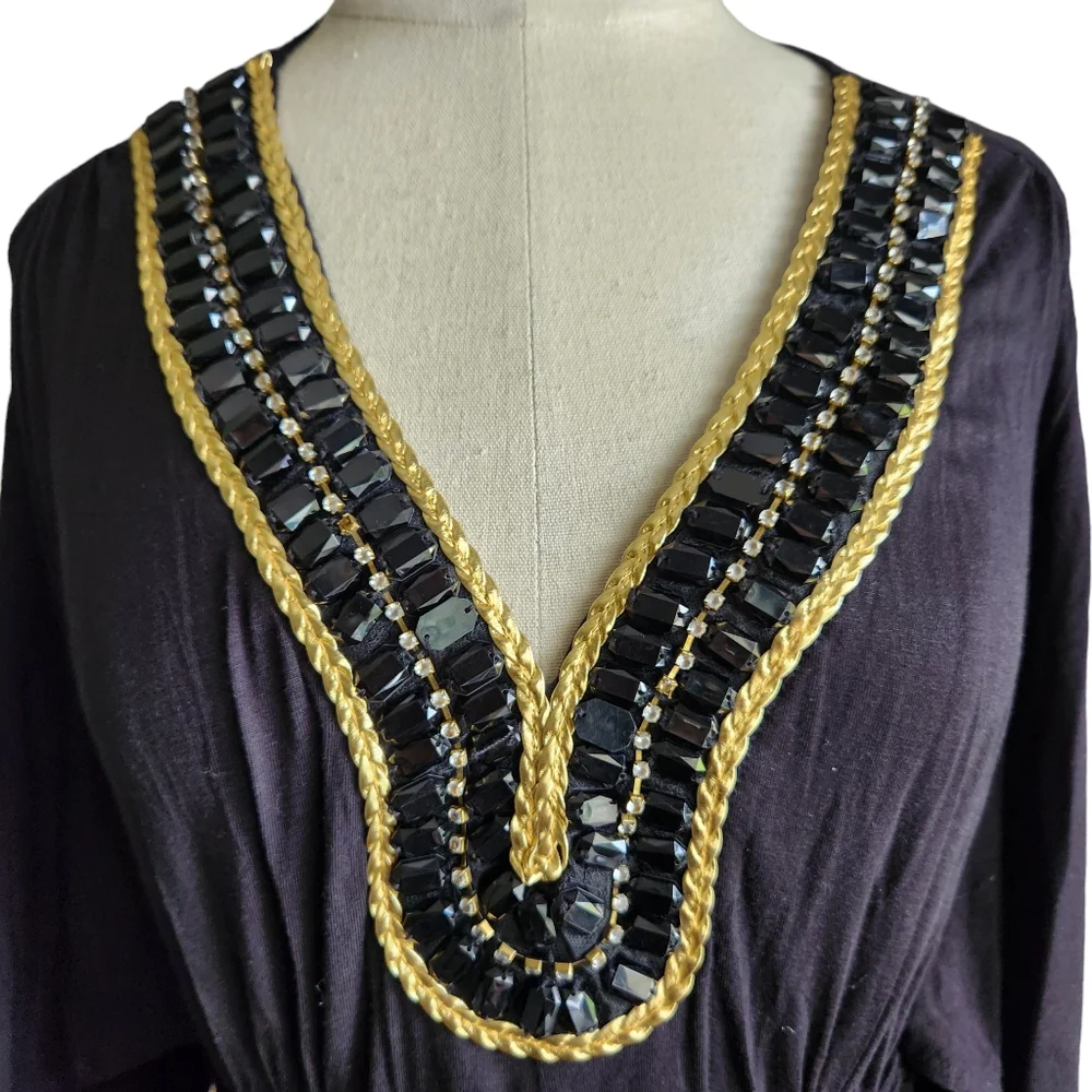IMAN Beaded Neckline Maxi Dress Black Open Sleeve Size Med Tall NEW